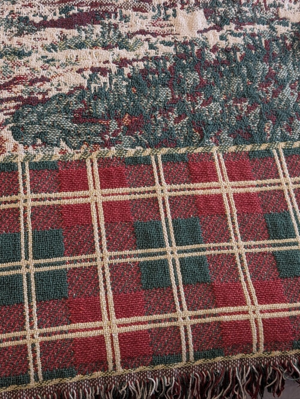 Vintage tapestry fringe throw blanket red/ green equestrian dogs fox hunt 60x44 - Picture 5 of 7